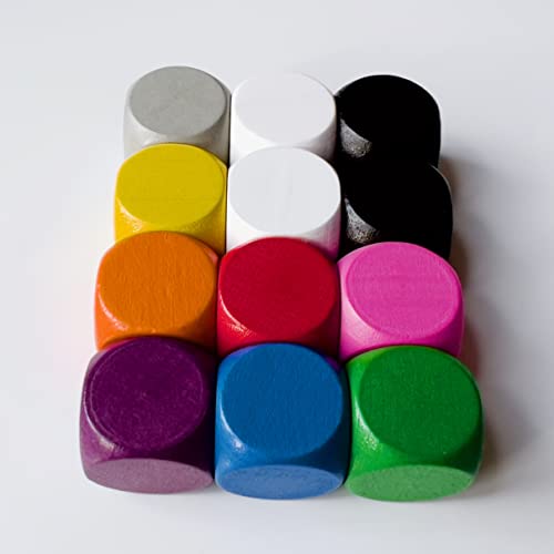 Blanko - Dados de madera para juegos de mesa, tamaño 16 mm, fabricados en Alemania (12 dados, 10 colores: blanco, negro, amarillo, rojo, azul, verde, naranja, morado, rosa, gris)