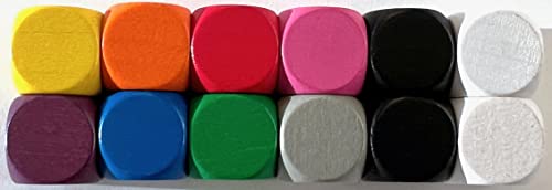 Blanko - Dados de madera para juegos de mesa, tamaño 16 mm, fabricados en Alemania (12 dados, 10 colores: blanco, negro, amarillo, rojo, azul, verde, naranja, morado, rosa, gris)