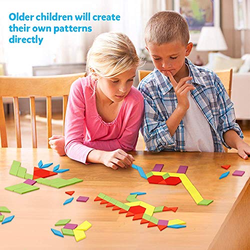 Bloques de Madera,155 Pack Bloques de Patrones de Madera Geométrica Puzzles Bloques de Construcción Rompecabezas Tangram Montessori de Colores con 24 Pieza de Tarjetas de Diseño y Bolsa para Niños 3+