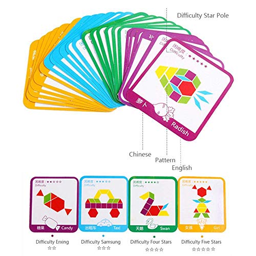 Bloques de Madera,155 Pack Bloques de Patrones de Madera Geométrica Puzzles Bloques de Construcción Rompecabezas Tangram Montessori de Colores con 24 Pieza de Tarjetas de Diseño y Bolsa para Niños 3+