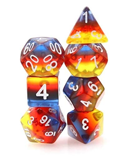 Burning Water - Polyset Dice | Polydice | Red Black Blue Yellow Translucent Transparent and White | Dice Set 7 Pieces| RPGs | Plastic Dice Set | Polyhedral Dice Set | DND / D&D / Dungeons and Dragons