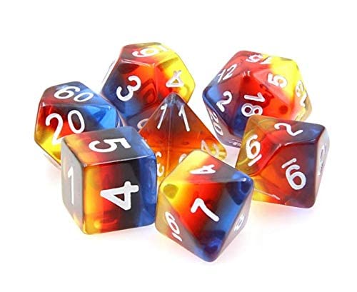 Burning Water - Polyset Dice | Polydice | Red Black Blue Yellow Translucent Transparent and White | Dice Set 7 Pieces| RPGs | Plastic Dice Set | Polyhedral Dice Set | DND / D&D / Dungeons and Dragons