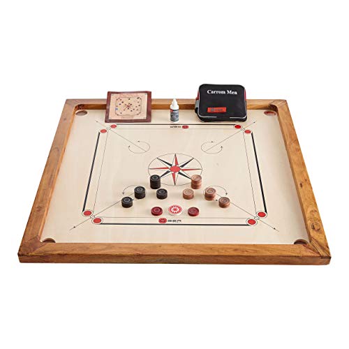 Carrom Set - Great value carrom boards with mango wood edges a 4mm thick polished mango wood playing surface. Weighs 7kg, has a total size of 33" x 33", a playing surface of 29" by 29". Includes coins, striker and powder. Also known as caram, carom