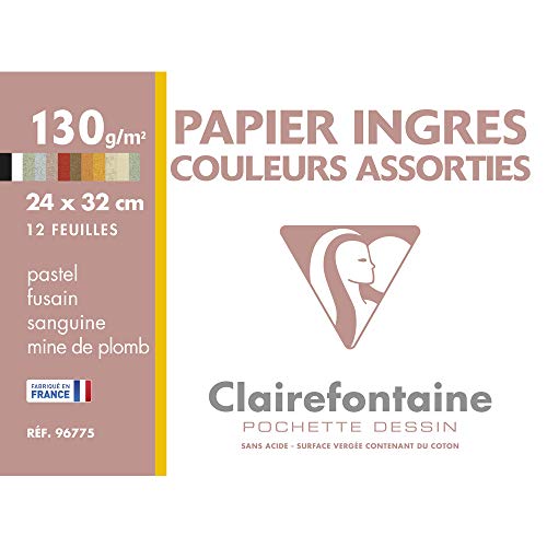 ClaireFontaine 96775C - Une pochette papier Ingres 12 feuilles 24x32 cm 130g, couleurs assorties