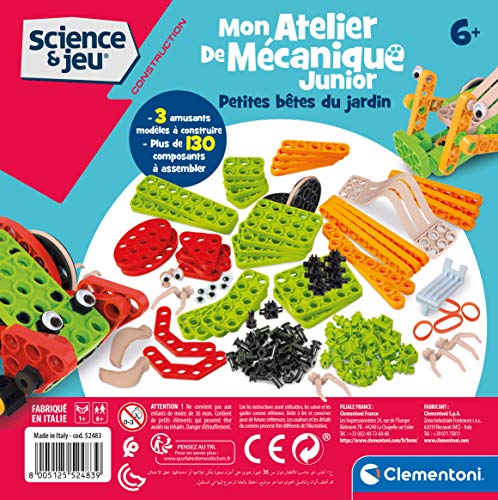 Clementoni- Mon Atelier De Mecanique Junior – Pequeños Animales del jardín – Juego de construcción – versión Francesa, Fabricado en Italia, 6 años en adelante (52483)