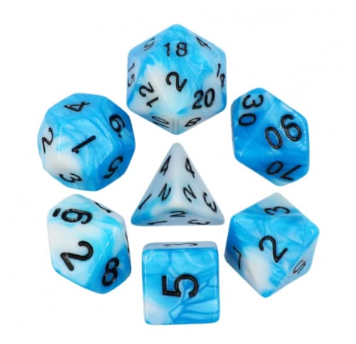 Cloudy Sky - Polyset Dice | Polydice | Blue White Pearlescent Marble and Black | Dice Set of 7 Pieces | D&D and RPGs | Plastic Dice Set | Polyhedral Dice Set | DND / D&D / Dungeons and Dragons