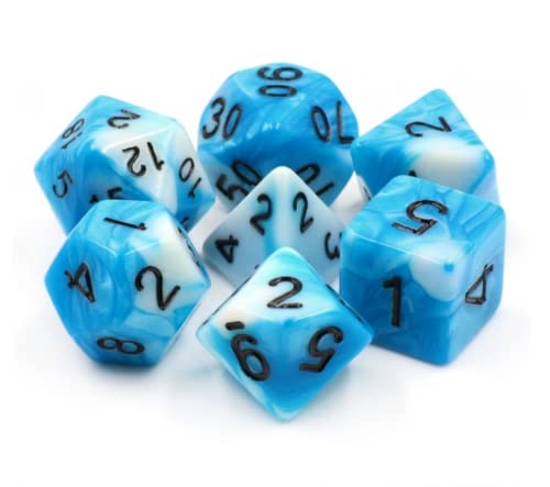 Cloudy Sky - Polyset Dice | Polydice | Blue White Pearlescent Marble and Black | Dice Set of 7 Pieces | D&D and RPGs | Plastic Dice Set | Polyhedral Dice Set | DND / D&D / Dungeons and Dragons
