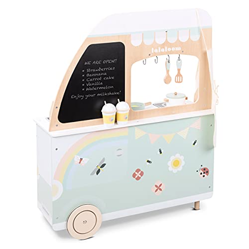 Cocinita portátil infantil de madera, FOODIE TRUCK, con accesorios, cocina de juguete para niños, diseño exclusivo, color verde rosa, desde 3 años