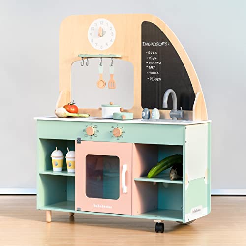 Cocinita portátil infantil de madera, FOODIE TRUCK, con accesorios, cocina de juguete para niños, diseño exclusivo, color verde rosa, desde 3 años