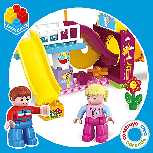 ColorBaby - Juego construcción, parque de juegos juguete, 50 piezas, toboganes, columpios y personajes incluidos, juguetes educativos, construcciones para niños 3 años, Multicolor (49195)