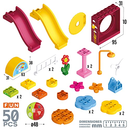 ColorBaby - Juego construcción, parque de juegos juguete, 50 piezas, toboganes, columpios y personajes incluidos, juguetes educativos, construcciones para niños 3 años, Multicolor (49195)