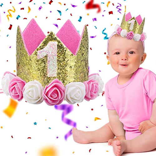 Corona de Bebé de 1 Año Cumpleaños, Diadema de Corona Cumpleaños para Niñas Cabello Accesorios Tiara con Decoración Lentejuelas, Sombreros de Fiesta Princesa Diadema para Niños Regalo 1er Cumpleaños