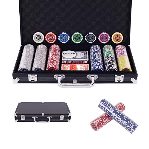 COSTWAY 300 Piezas Fichas de Póker Set de 7 Colores Laser-Chips con Caja de Aluminio con Forro Acolchado (Negro)