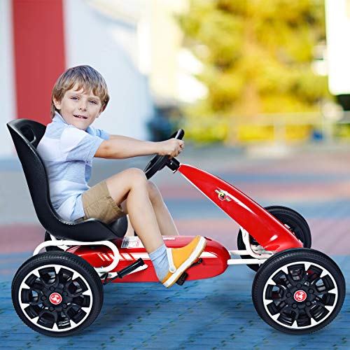 COSTWAY Go Kart para Niños Coche de Pedal con Asiento Ajustable,Freno de Mano y Cambio de Marcha Vehículo Juguete para Niño de 3 a 8 Años (Rojo)