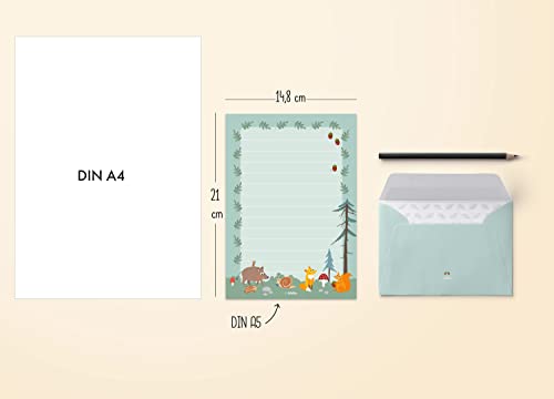 dabelino® Juego de papel de carta para niños, diseño de animales del bosque (zorro, ardilla, a rayas) – A5 + bloc para colorear (para niños y niñas), color verde