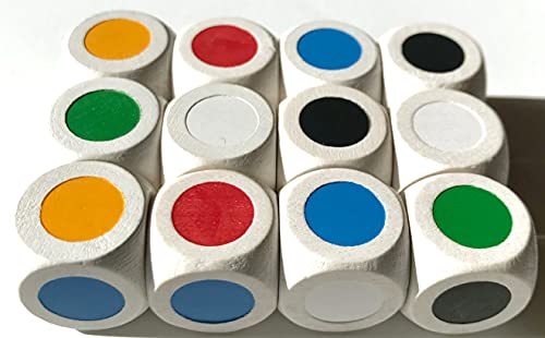 Dados de colores de madera, 16 mm, 12 dados, colores básicos: rojo, amarillo, azul, verde, negro, blanco