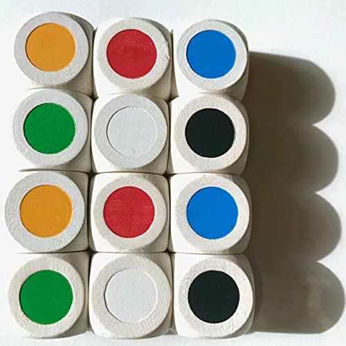 Dados de colores de madera, 16 mm, 12 dados, colores básicos: rojo, amarillo, azul, verde, negro, blanco