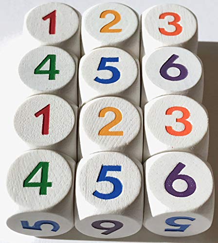 Dados de números 1 – 6 de madera para juegos de mesa o como dados matemáticos para cálcular, 16 mm (12 dados, color blanco con números de colores diferentes)