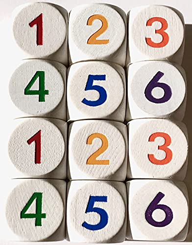 Dados de números 1 – 6 de madera para juegos de mesa o como dados matemáticos para cálcular, 16 mm (12 dados, color blanco con números de colores diferentes)