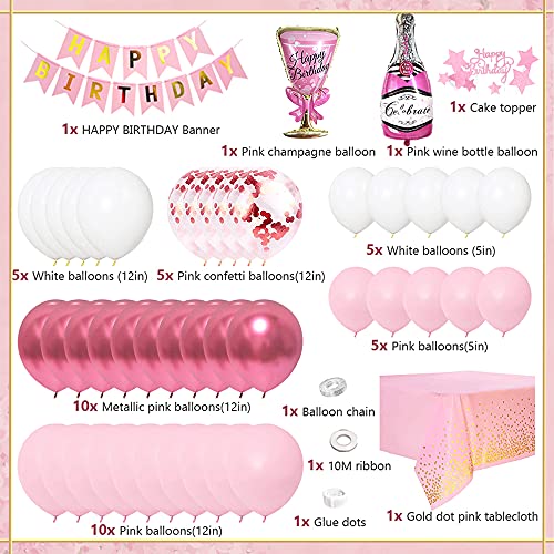 Decoración Cumpleaños Niñas, Globos de Fiesta Cumpleaños Rosa para Mujer Globos de Confeti Rosa Metálicos Feliz Cumpleaños Banderines Decoración de Tartas Globos de Cumpleaños 1 año Infantil Niñas