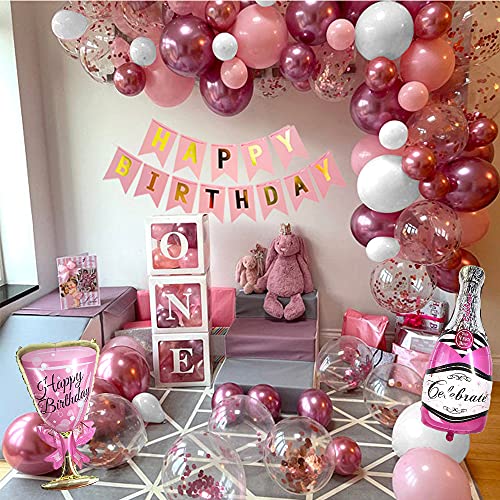 Decoración Cumpleaños Niñas, Globos de Fiesta Cumpleaños Rosa para Mujer Globos de Confeti Rosa Metálicos Feliz Cumpleaños Banderines Decoración de Tartas Globos de Cumpleaños 1 año Infantil Niñas