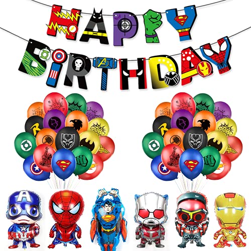 Decoracion Cumpleaños Superheroes Globos de Superhéroe Feliz Cumpleaños del Pancarta Superheroes Adornos de Pastel Superhéroe Marvel Cumpleaños Decoracion (C)