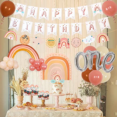 Decoración de primer cumpleaños con diseño de arco iris, bohemio, globo arco iris, feliz cumpleaños, decoración de tartas para niñas, suministros para fiestas de primer cumpleaños