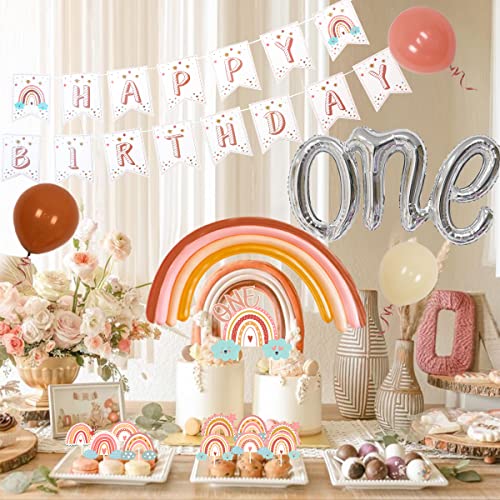 Decoración de primer cumpleaños con diseño de arco iris, bohemio, globo arco iris, feliz cumpleaños, decoración de tartas para niñas, suministros para fiestas de primer cumpleaños