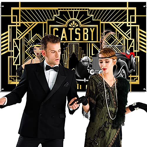 Decoraciones de Fiesta Temática de Gatsby de los Años Locos 20, Banner Fondo de Fotografía Extra Grande de Negro y Dorado de Cumpleaños de 20s para Boda Baile Jazz, 72,8 x 43,3 Pulgadas