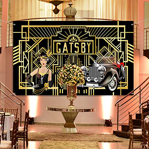 Decoraciones de Fiesta Temática de Gatsby de los Años Locos 20, Banner Fondo de Fotografía Extra Grande de Negro y Dorado de Cumpleaños de 20s para Boda Baile Jazz, 72,8 x 43,3 Pulgadas
