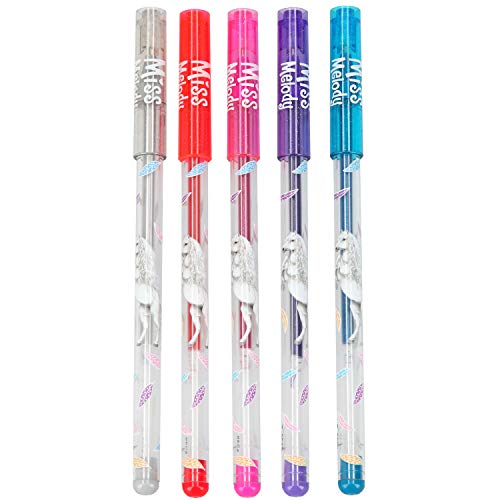 Depesche Miss Melody 6549 - Juego de 5 bolígrafos de gel con tinta de purpurina (plata, rojo, rosa, morado y azul) en estuche