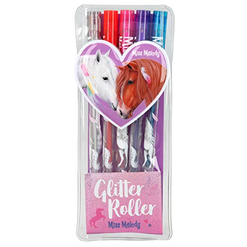 Depesche Miss Melody 6549 - Juego de 5 bolígrafos de gel con tinta de purpurina (plata, rojo, rosa, morado y azul) en estuche