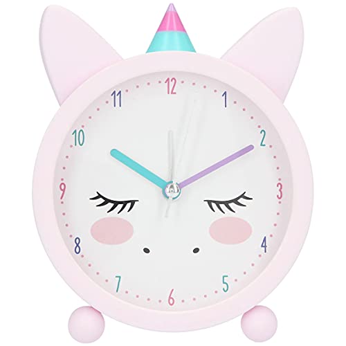 Depesche Ylvi 6551 - Reloj Despertador analógico para niña, diseño Rosa con Orejas y Unicornio, silencioso y con función de luz, Funciona con Pilas, Stk