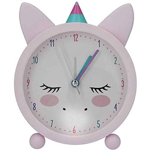 Depesche Ylvi 6551 - Reloj Despertador analógico para niña, diseño Rosa con Orejas y Unicornio, silencioso y con función de luz, Funciona con Pilas, Stk
