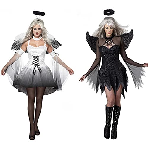 Disfraz de Angel para Mujer Traje de Fiesta de Cosplay Blanco Negro Vestido Corto de Halloween de Angel Caído con Alas Aureola Sexy Adulto Disfraces de Halloween