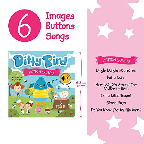 DITTY BIRD Action Songs: Mi Primer Libro de Sonido Interactivo con 6 Canciones para Aprender inglés Mientras te diviertes. Juguete Educativo bebés y niños a Partir de 1 año.