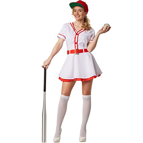 dressforfun Disfraz para Mujer Béisbol | Vestido de una Pieza con Botones Incluye Calcetines en Blanco (S | no. 301789)
