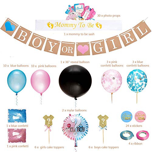 Dsaren 103 Pcs Artículos de Fiesta de Gender Reveal Niño o Niña Sorpresa Banner Confeti Globos de Látex Photo Booth Props Cupcake Toppers Baby Shower Decorations