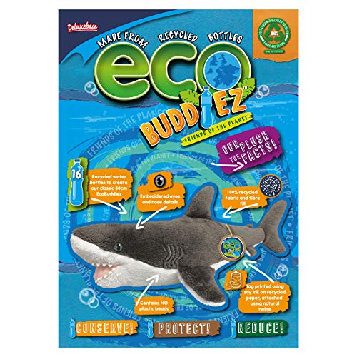 EcoBuddiez - Gran Tiburón Blanco de Deluxebase. Peluche Mediano de 40 cm elaborado con Botellas de plástico recicladas. Lindo Peluche ecológico con Forma de animalito para niños pequeños.