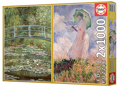 Educa - Claude Monet - Estanque de los Nenúfares + Mujer con Sombrilla | 2 puzzles de 1.000 piezas cada uno con las mejores obras de Monet | Medida aproximada: 48 x 68 cm | A partir de 14 años (19270)