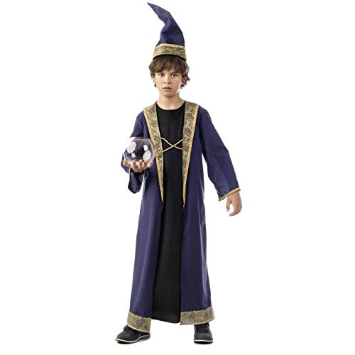 Elbenwald Disfraz de aprendiz de mago Merlín, para niños, 2 piezas: túnica y sombrero de mago, color púrpura., Infantil, violeta, 5-7 años