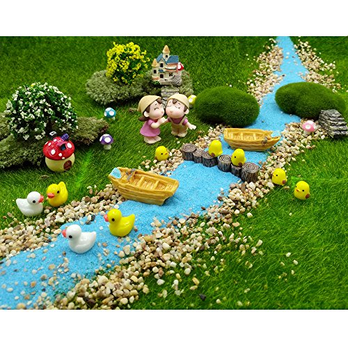 EMiEN juego de 28 piezas de decoración de casa de muñecas de jardín de hadas para relajación, estilo de relajación en miniatura, para bricolaje, arena azul, pbarco, árbol, escaleras, seta, piso,muelle