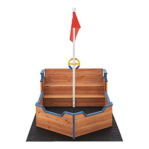 [en.casa] Arenero con Diseño de Barco Pirata Juego de Jardín Banco Plegable con Forro del Suelo Abeto Polietileno 136 x 193 x 94 cm Natural Azul Rojo