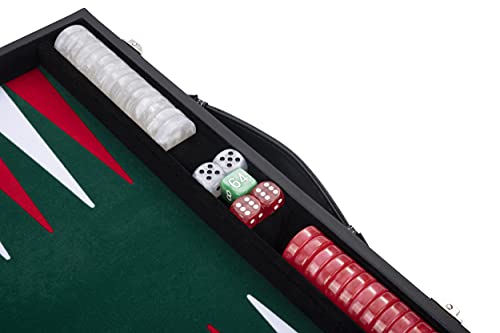 Engelhart - Backgammon de Lujo 45,5 cm Piel Simili, Incrustaciones Especiales de Fieltro - Dados y fichas nacaradas + 2 Tazas (Verde/Rojo/Blanco)