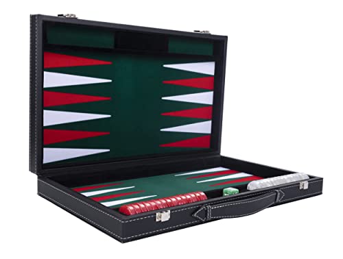 Engelhart - Backgammon de Lujo 45,5 cm Piel Simili, Incrustaciones Especiales de Fieltro - Dados y fichas nacaradas + 2 Tazas (Verde/Rojo/Blanco)