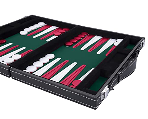 Engelhart- Maletín de Juego de Backgammon 11" 30 cm - Cuero de imitación Cosido (Verde/Rojo/Blanco)