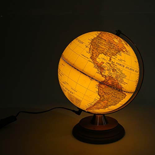 Exerz Globo Iluminado 20cm / Globo Antiguo Soporte de Madera - Mapa en inglés - Lámpara LED iluminada 2 en 1 - Globo para niños de día y de Noche - Escritorio de Oficina de decoración