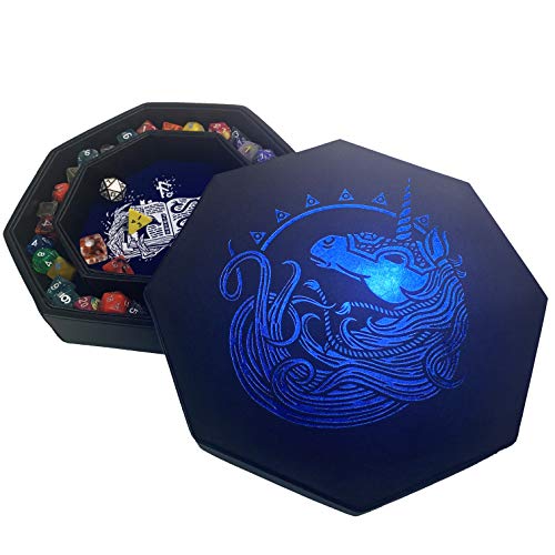 Fantasydice - Blue - War Unicorn Wizard Logo- Dice Tray - Octágono con tapa y dice Staging Area Staging Staging Area 5 Sets(7 Dice Set/Standard) for All Tabletop RPGs Like D&D, Call of Cthulhu