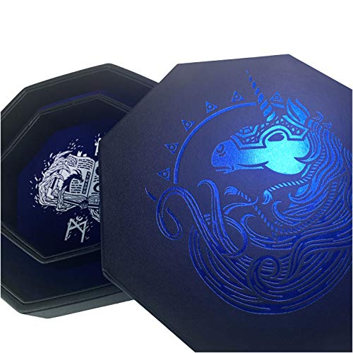 Fantasydice - Blue - War Unicorn Wizard Logo- Dice Tray - Octágono con tapa y dice Staging Area Staging Staging Area 5 Sets(7 Dice Set/Standard) for All Tabletop RPGs Like D&D, Call of Cthulhu