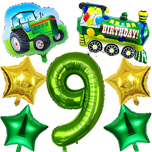Feelairy Decoración de 9º cumpleaños de tractor, decoración de cumpleaños infantil, diseño de tractor con el número 9, color dorado y verde